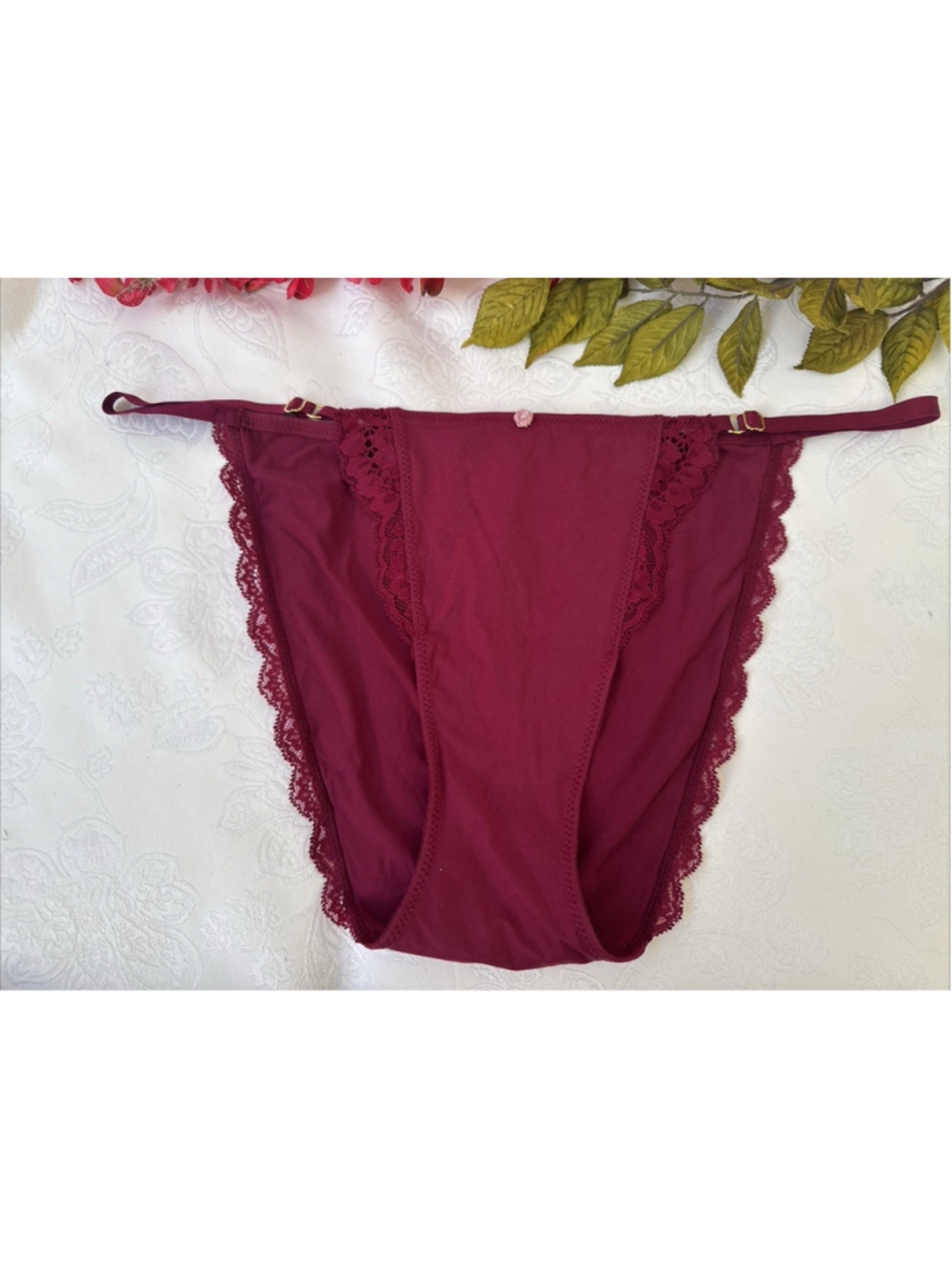 VICTORIA'S SECRET XL RED BURGUNDY SILKY ADJ SIDES STRING BIKINI PANTIES NWT